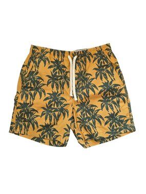 NWT J.Crew Island Palm Tree Print Mustard Yellow & Green Dock Swim Shorts Sz S